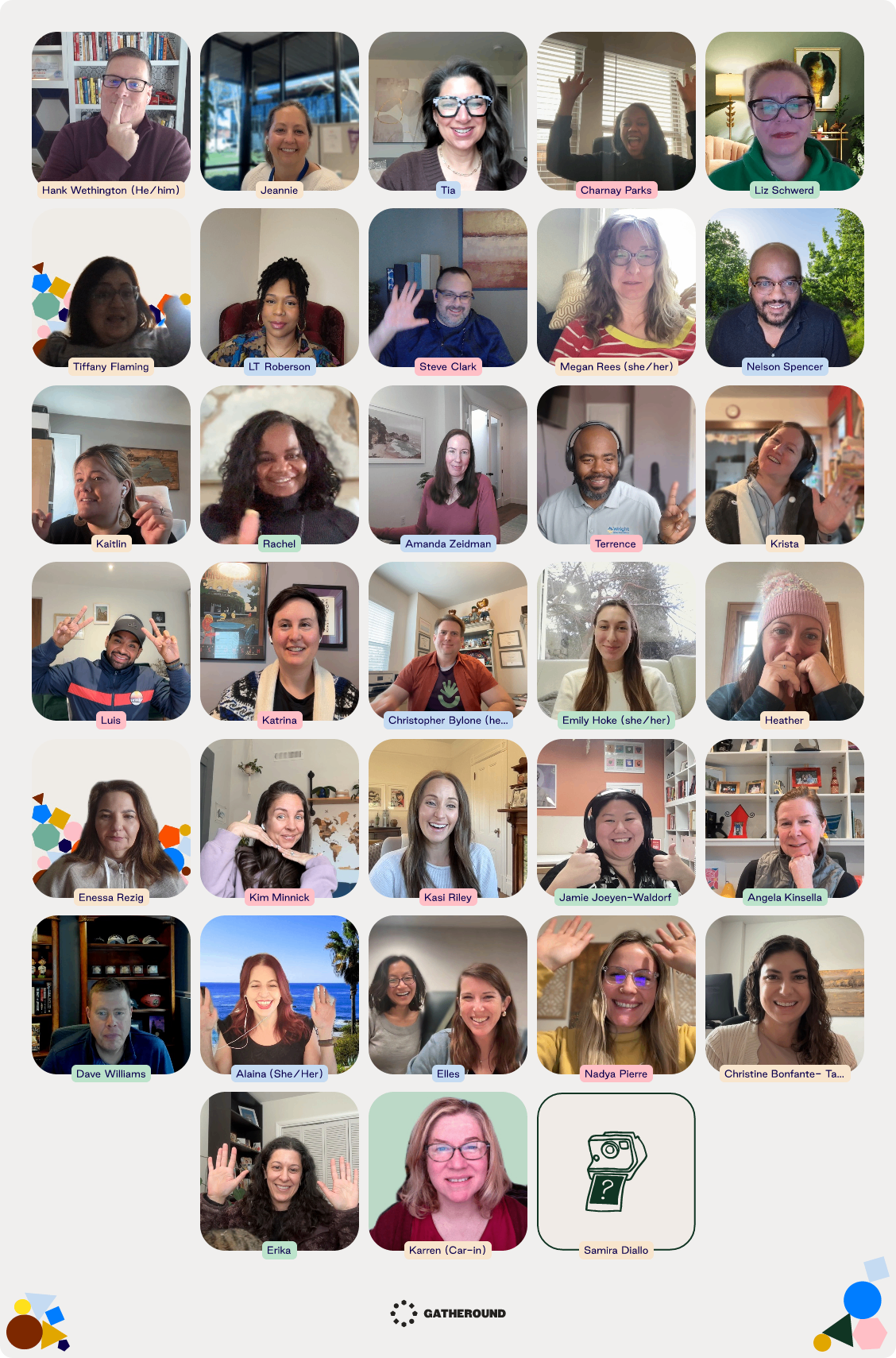 A Gatheround photobooth grid of Community Plus members waving hello